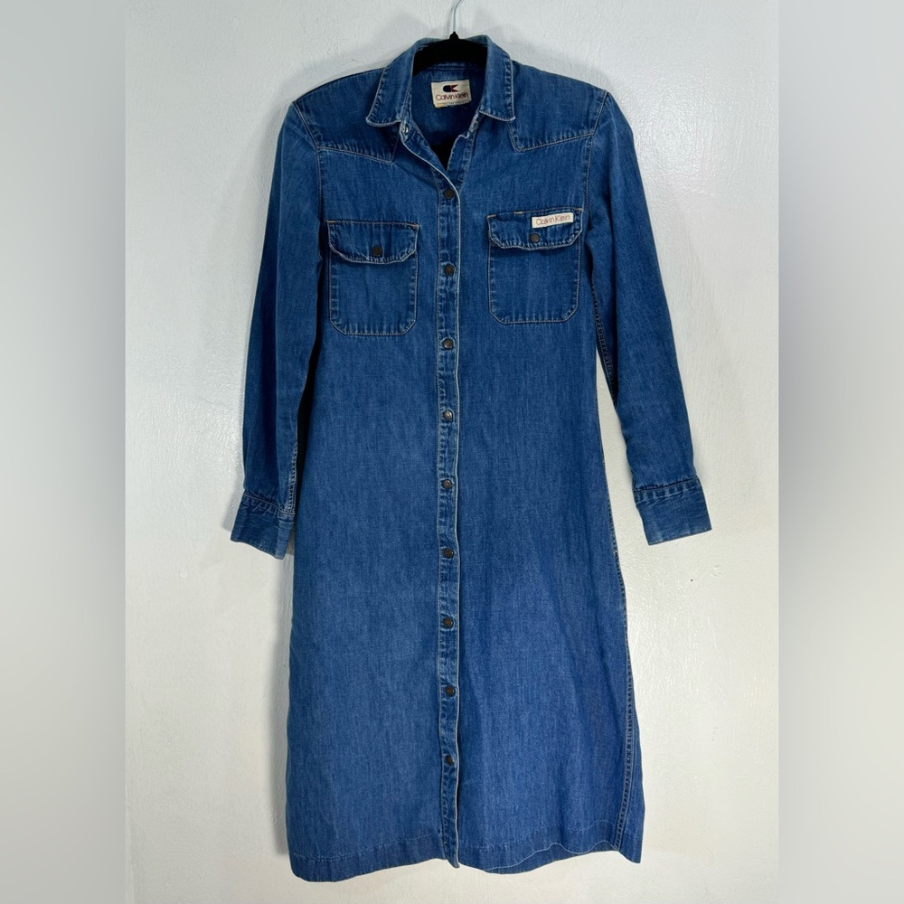 Vtg.80s Calvin Klein  Indigo lightweight blue denim midi dress.4 pockets.S-7/8
